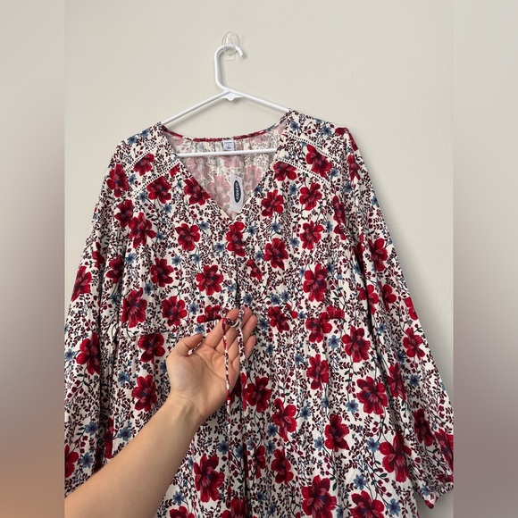 Waist-Difined Bell-Sleeve Faux-Wrap Dress for Women, red floral, Size L - Picture 6 of 11